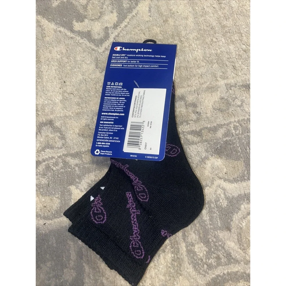 Champion 3-Pair Womens Sz 5-9 Ankle Socks Black Logo‎ New